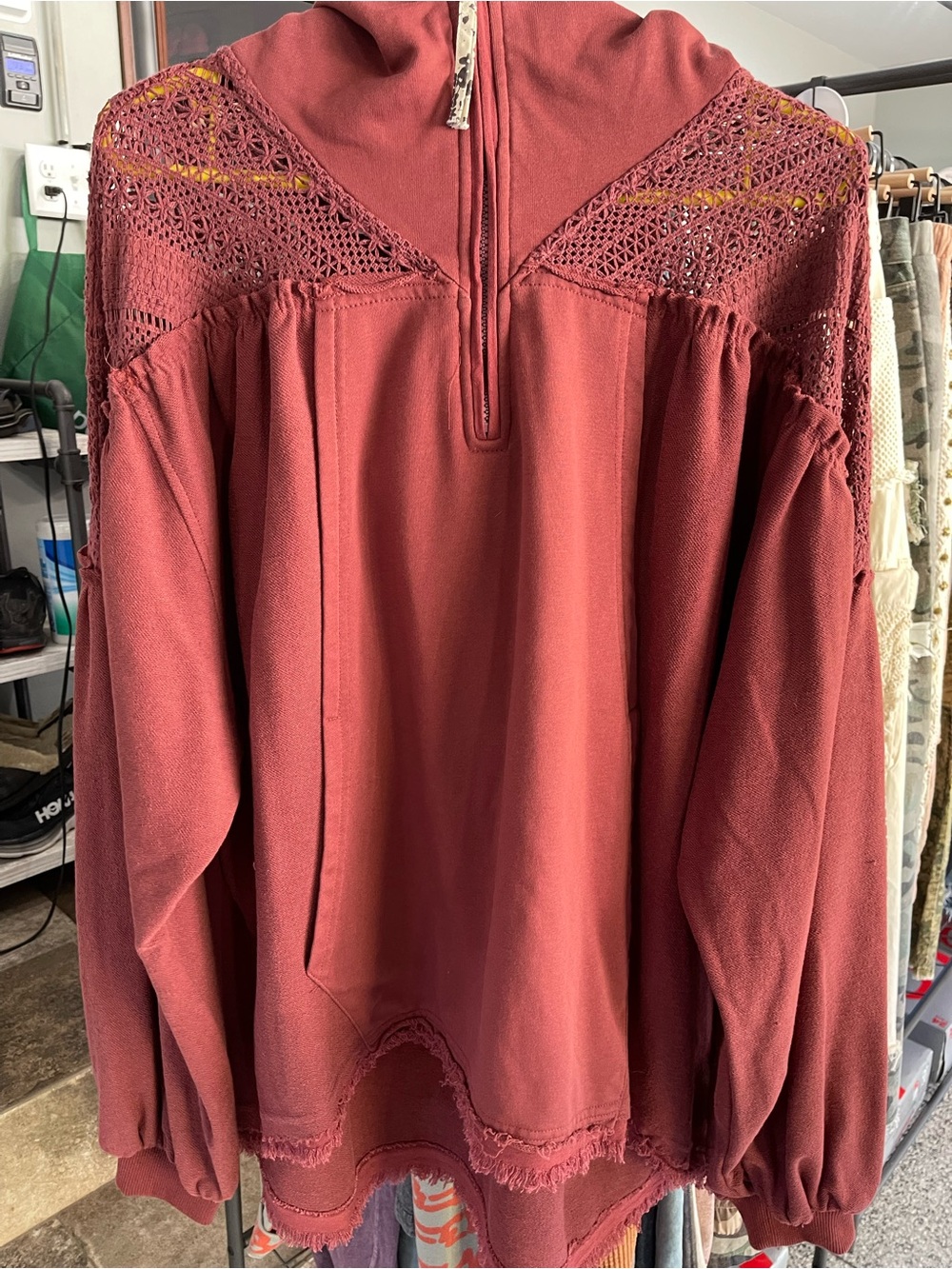 gimmicks by BKE Brick Red Crochet Yoke Pullover
